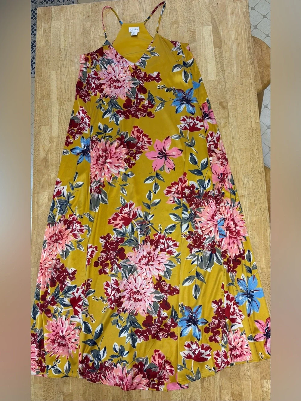Nicole Miller NY Abbey Yellow Floral Halter Neck Satin Slip Maxi Dress